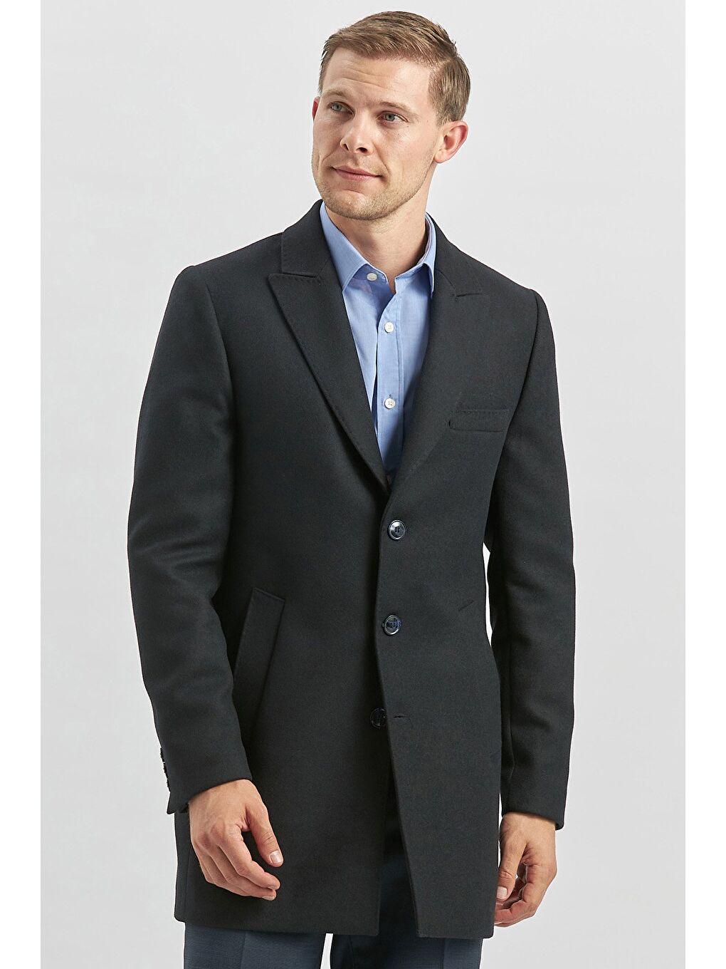 Koyu Lacivert Kaşe Kırlangıç Yaka Yırtmaçlı Kapitoneli Astar Comfort Fit Palto 1005245157-3