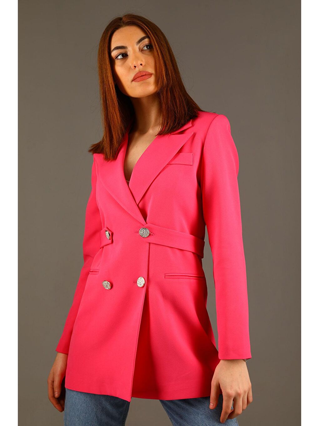 Pembe Kadın Astarlı Uzun Blazer Ceket