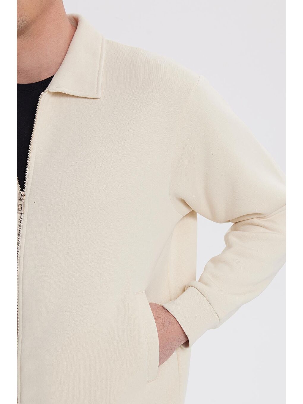 Unisex Relax Fit Rahat Kesim Pamuklu İç Polarlı Fermuarlı Bej Polo Yaka Flato Cepli Sweatshirt Hırka-2