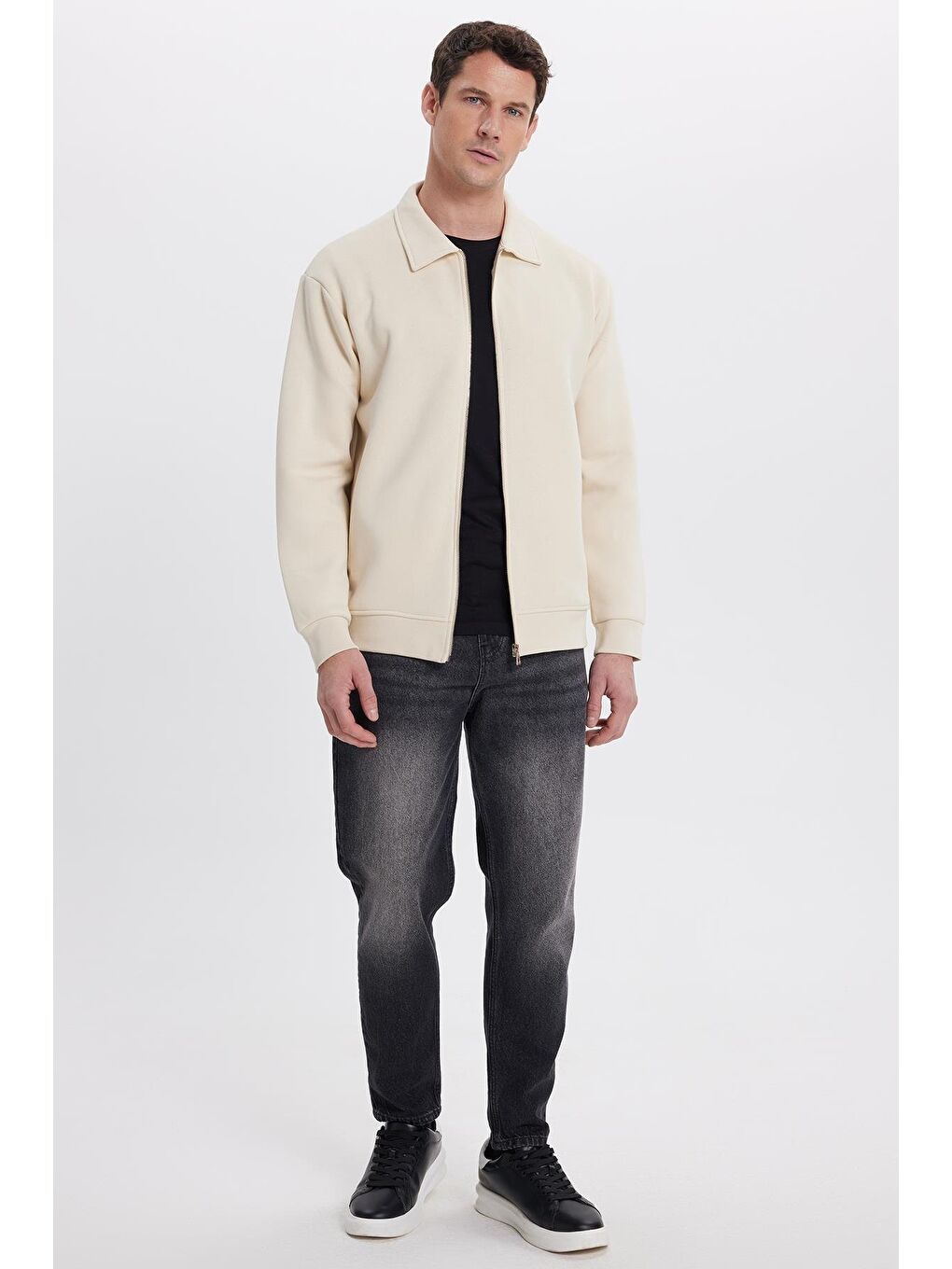 Unisex Relax Fit Rahat Kesim Pamuklu İç Polarlı Fermuarlı Bej Polo Yaka Flato Cepli Sweatshirt Hırka-3