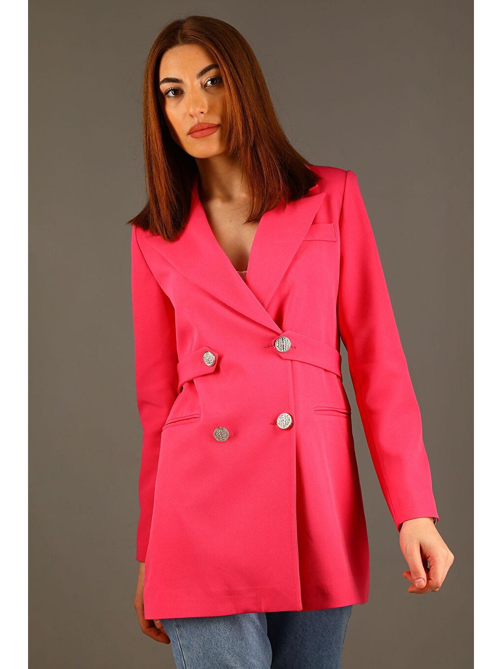 Pembe Kadın Astarlı Uzun Blazer Ceket-1