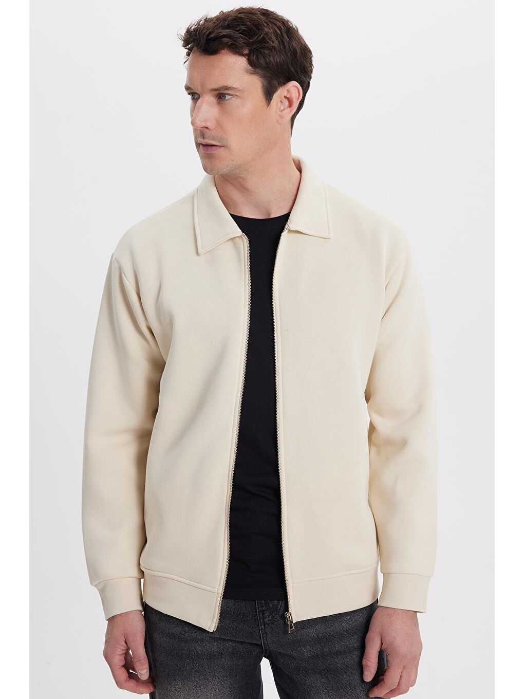 Unisex Relax Fit Rahat Kesim Pamuklu İç Polarlı Fermuarlı Bej Polo Yaka Flato Cepli Sweatshirt Hırka-4