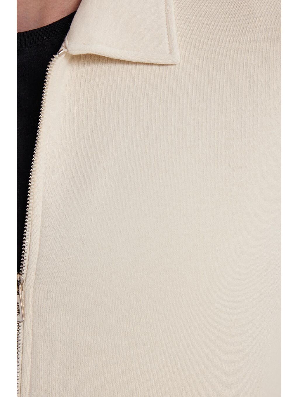 Unisex Relax Fit Rahat Kesim Pamuklu İç Polarlı Fermuarlı Bej Polo Yaka Flato Cepli Sweatshirt Hırka-5