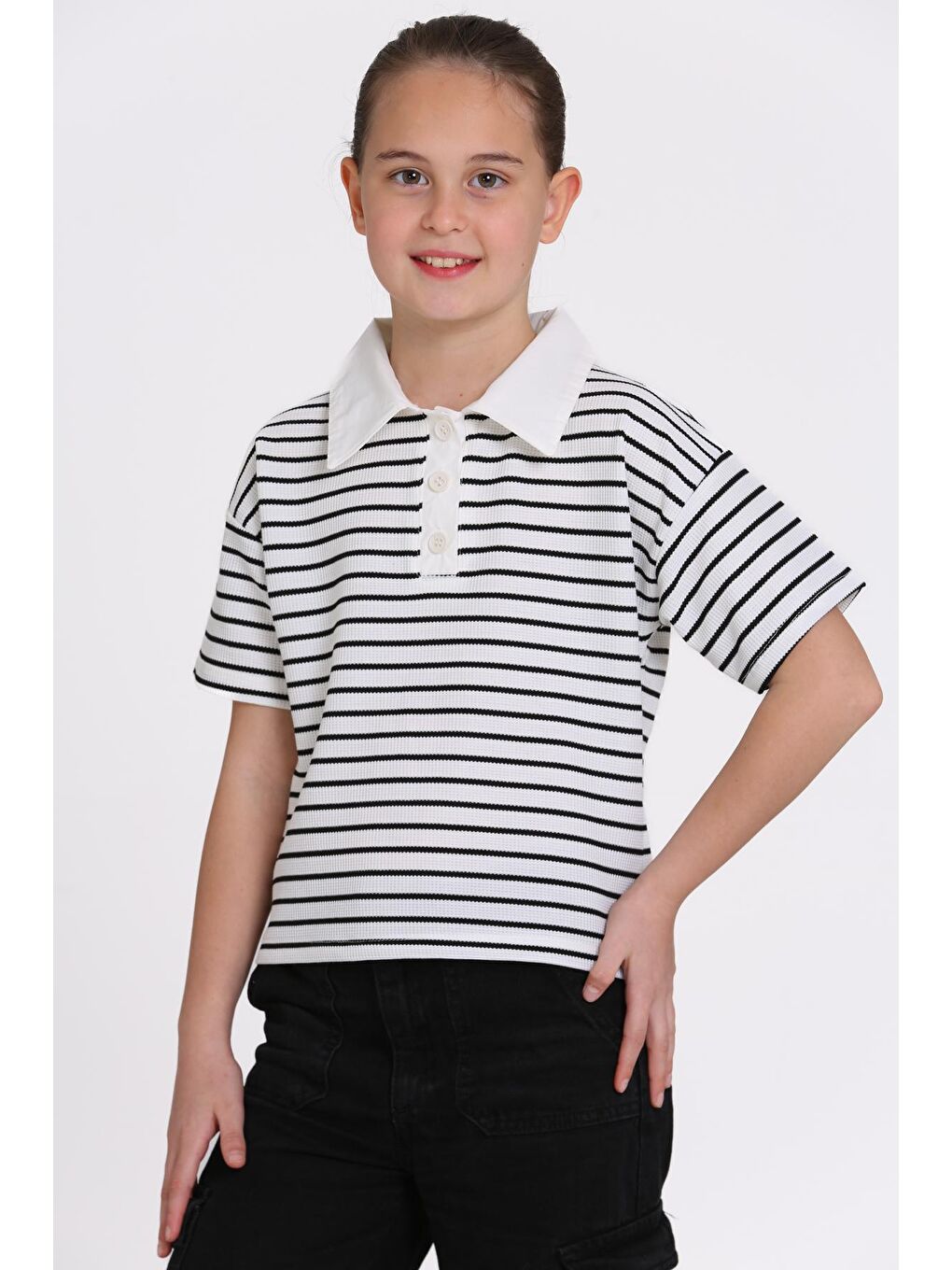 Beyaz Çizgi Desenli 5-13 Yaş Tişört - 2506-2