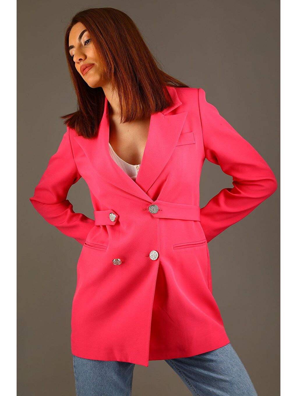 Pembe Kadın Astarlı Uzun Blazer Ceket-2