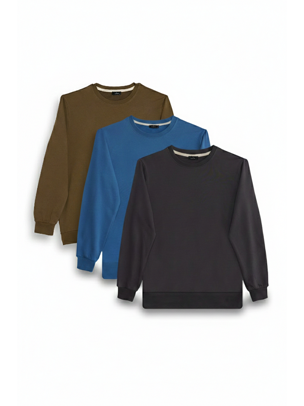 Karışık Erkek 3'Lü Füme-Mavi-Yeşil Relax Fit Rahat Kesim %100 Pamuk 2 İplik Bisiklet Yaka Sweatshirt