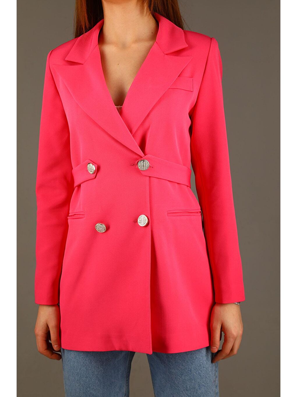 Pembe Kadın Astarlı Uzun Blazer Ceket-4