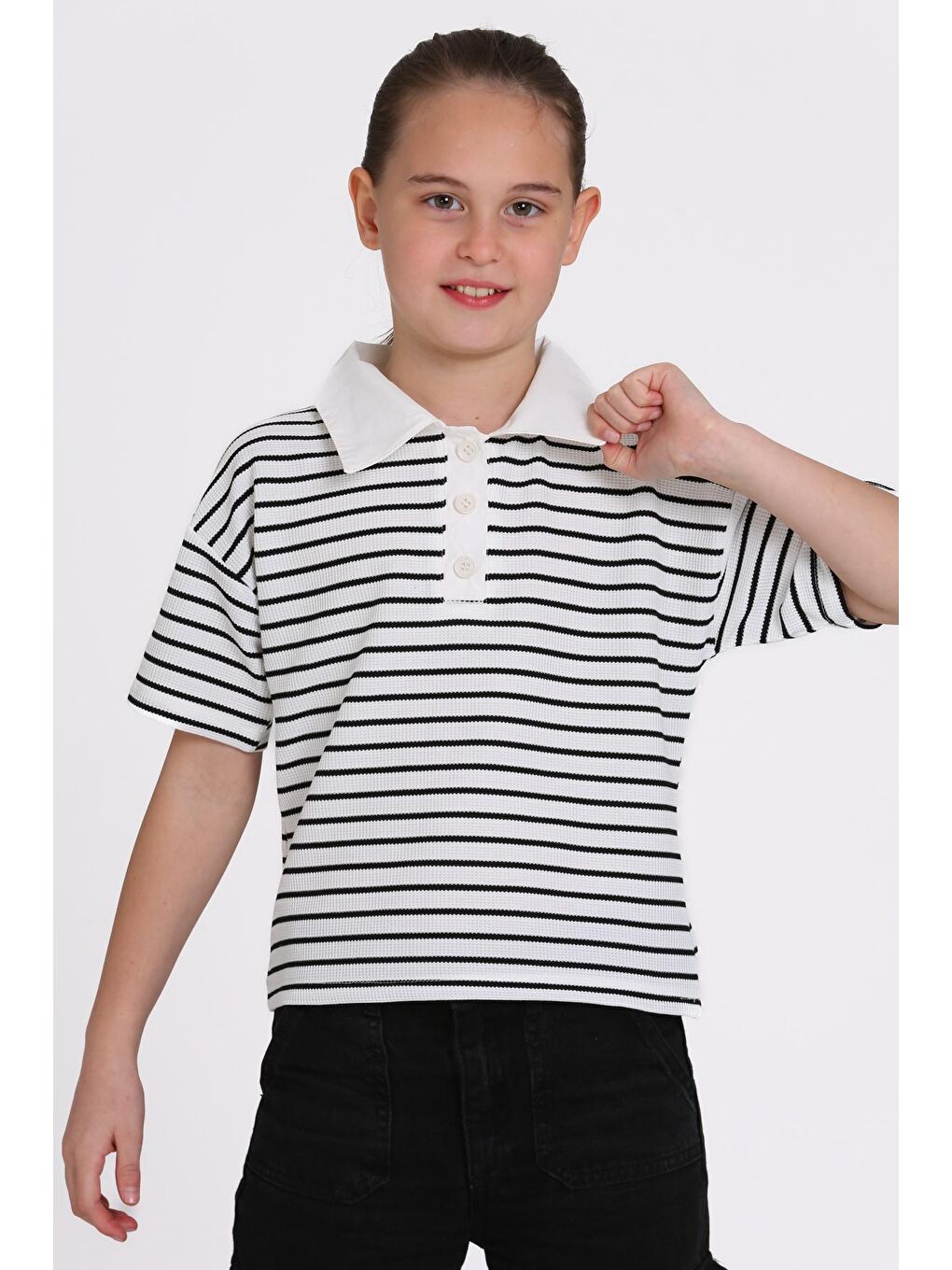 Beyaz Çizgi Desenli 5-13 Yaş Tişört - 2506-2-2