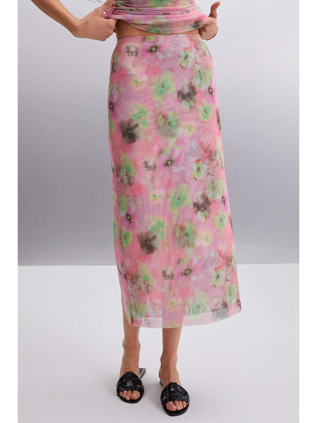 Jaxie Kadın Slim Fit Su Desenli Tül Astarlı Pembe Etek-3