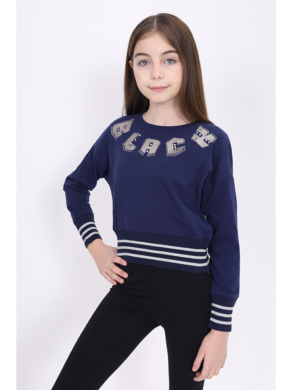 Toontoykids Lacivert Kız Çocuk Sweatshirt Black Varak Baskılı