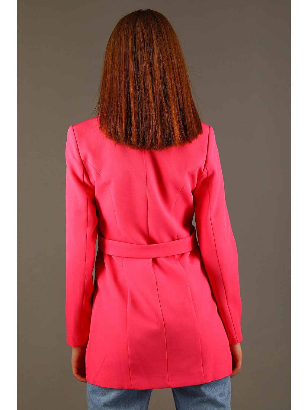 Pembe Kadın Astarlı Uzun Blazer Ceket-6