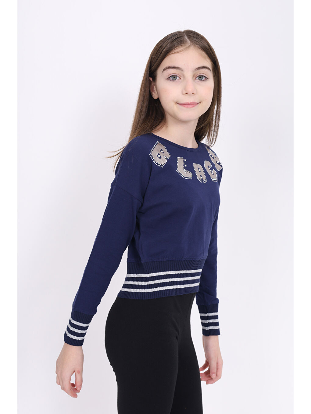 Toontoykids Lacivert Kız Çocuk Sweatshirt Black Varak Baskılı - 1