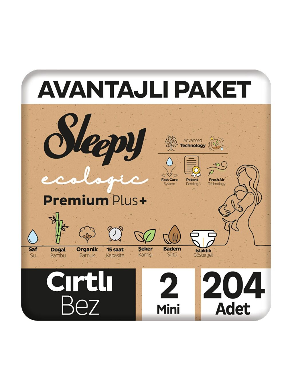 Ecologic Premium Plus Avantajlı Paket Bebek Bezi 2 Numara Mini 204 Adet