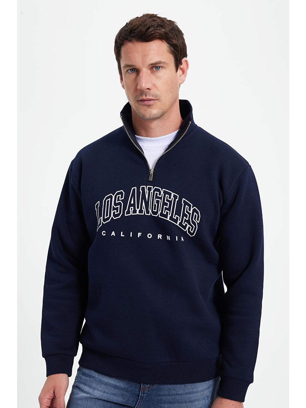 Erkek Relax Fit Rahat Kesim Pamuklu Yarım Fermuarlı Baskılı Lacivert Sweatshirt-2