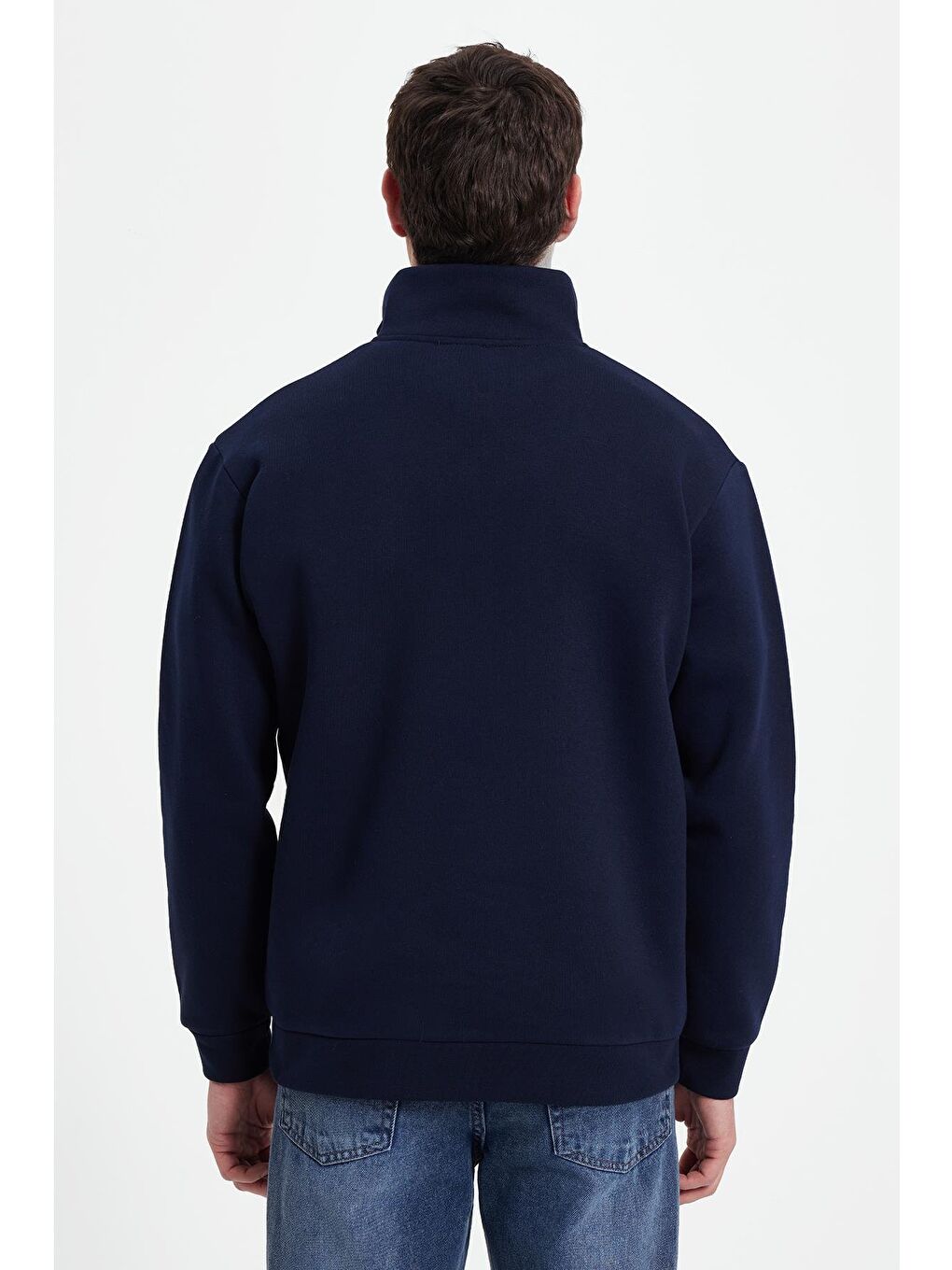 Erkek Relax Fit Rahat Kesim Pamuklu Yarım Fermuarlı Baskılı Lacivert Sweatshirt-5