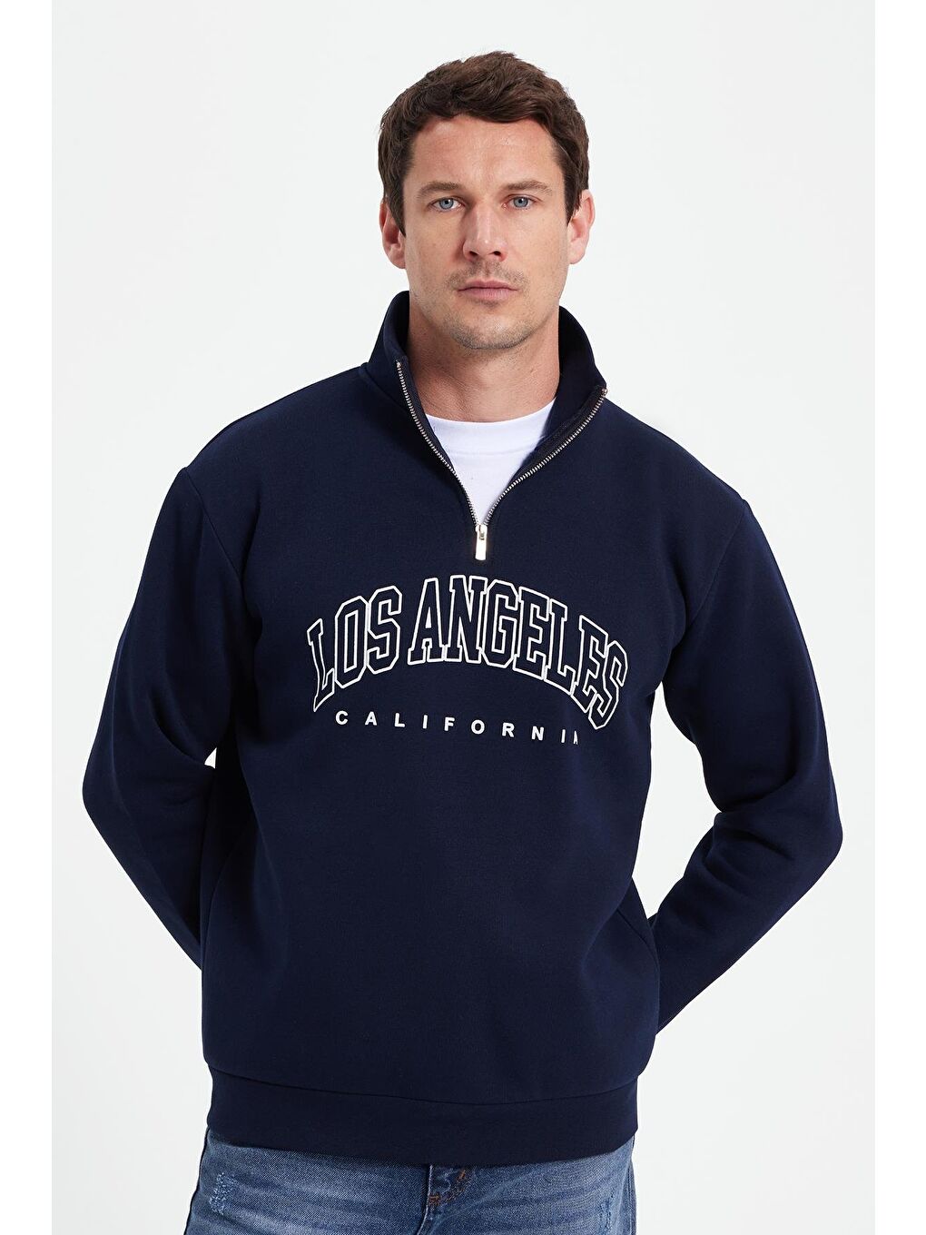 Erkek Relax Fit Rahat Kesim Pamuklu Yarım Fermuarlı Baskılı Lacivert Sweatshirt-6