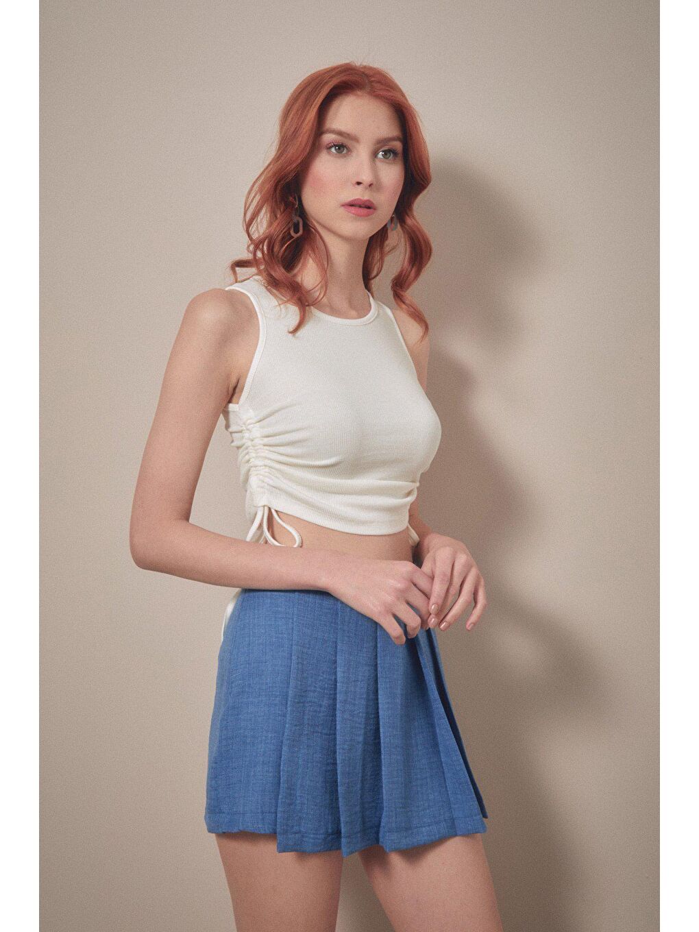 Ekru Fitilli Yanı Büzgülü Crop-2