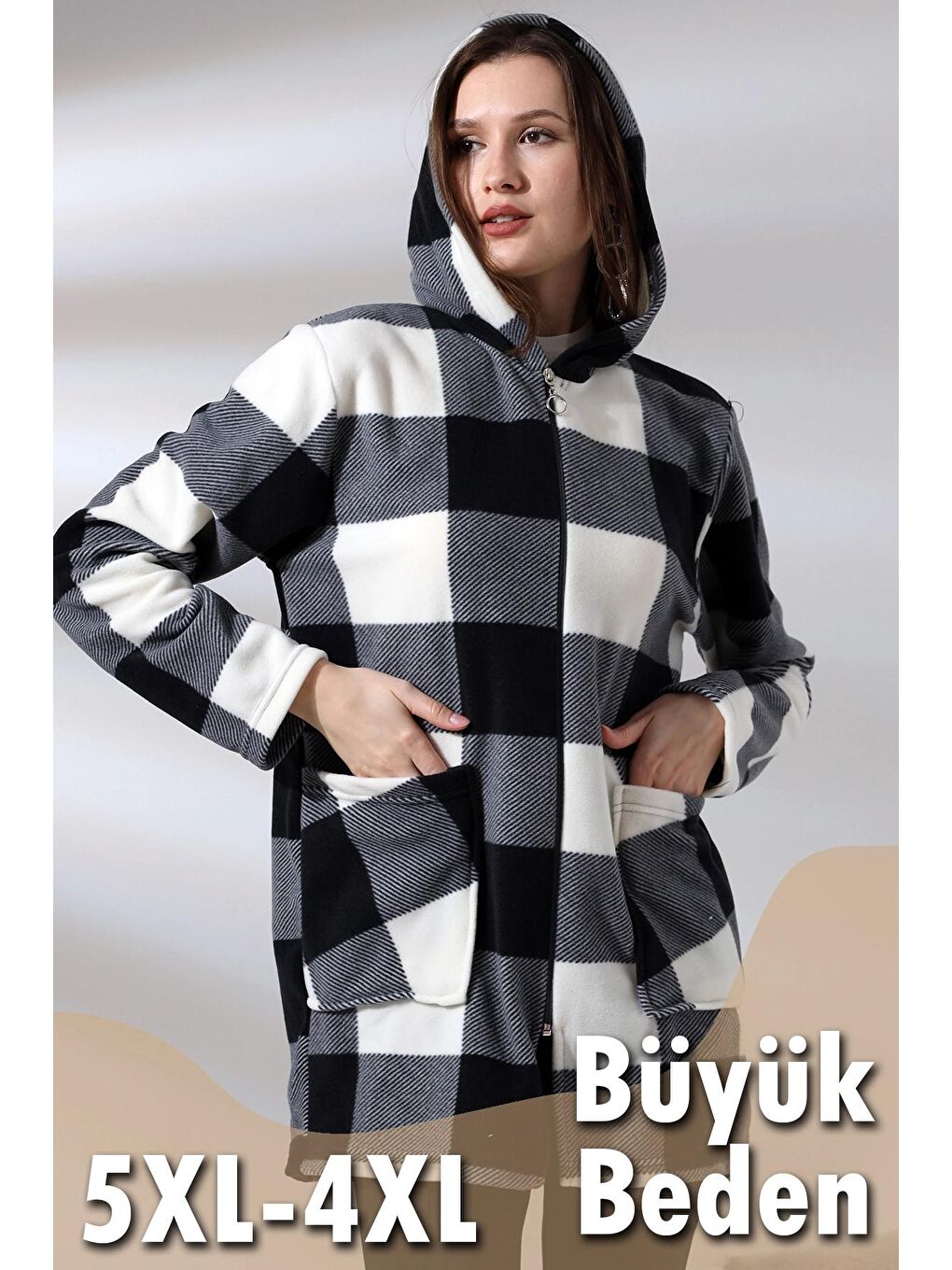 Siyah Ekose Desen Polar Ceket - Büyük Beden