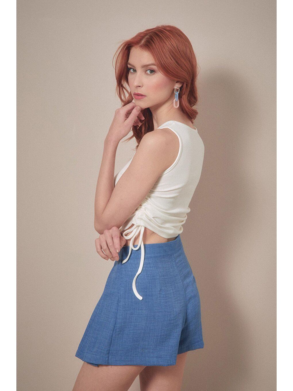 Ekru Fitilli Yanı Büzgülü Crop-3