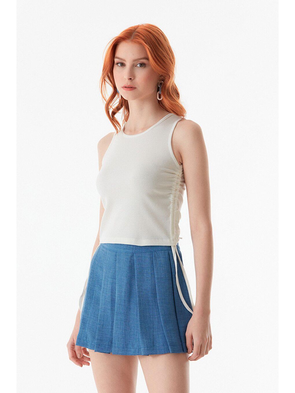 Ekru Fitilli Yanı Büzgülü Crop-4