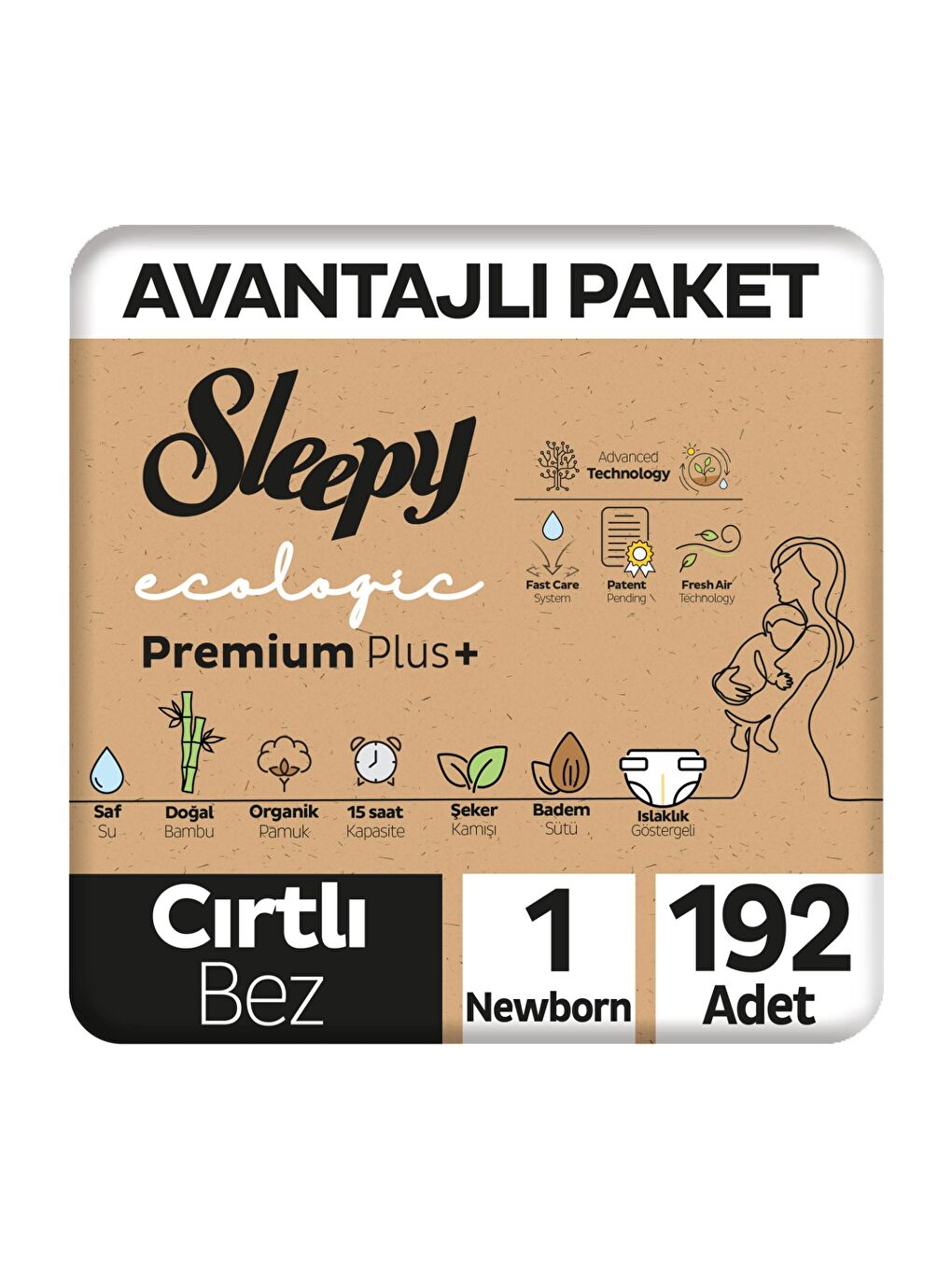 Ecologic Premium Plus Avantajlı Paket Bebek Bezi 1 Numara 192 Adet