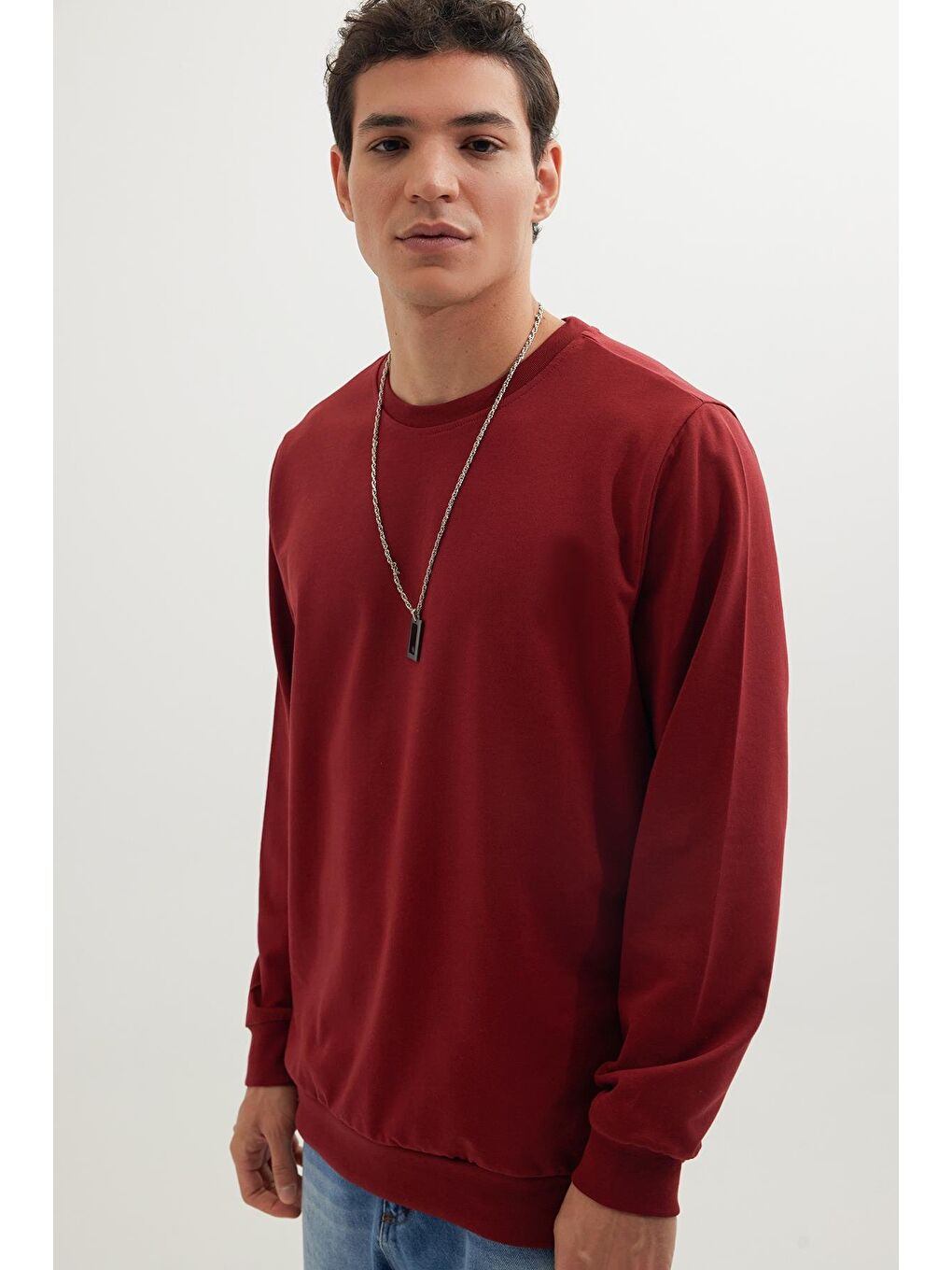 Karışık Erkek 3'Lü Haki-Bordo-Gri Relax Fit Rahat Kesim %100 Pamuk 2 İplik Bisiklet Yaka Sweatshirt-2