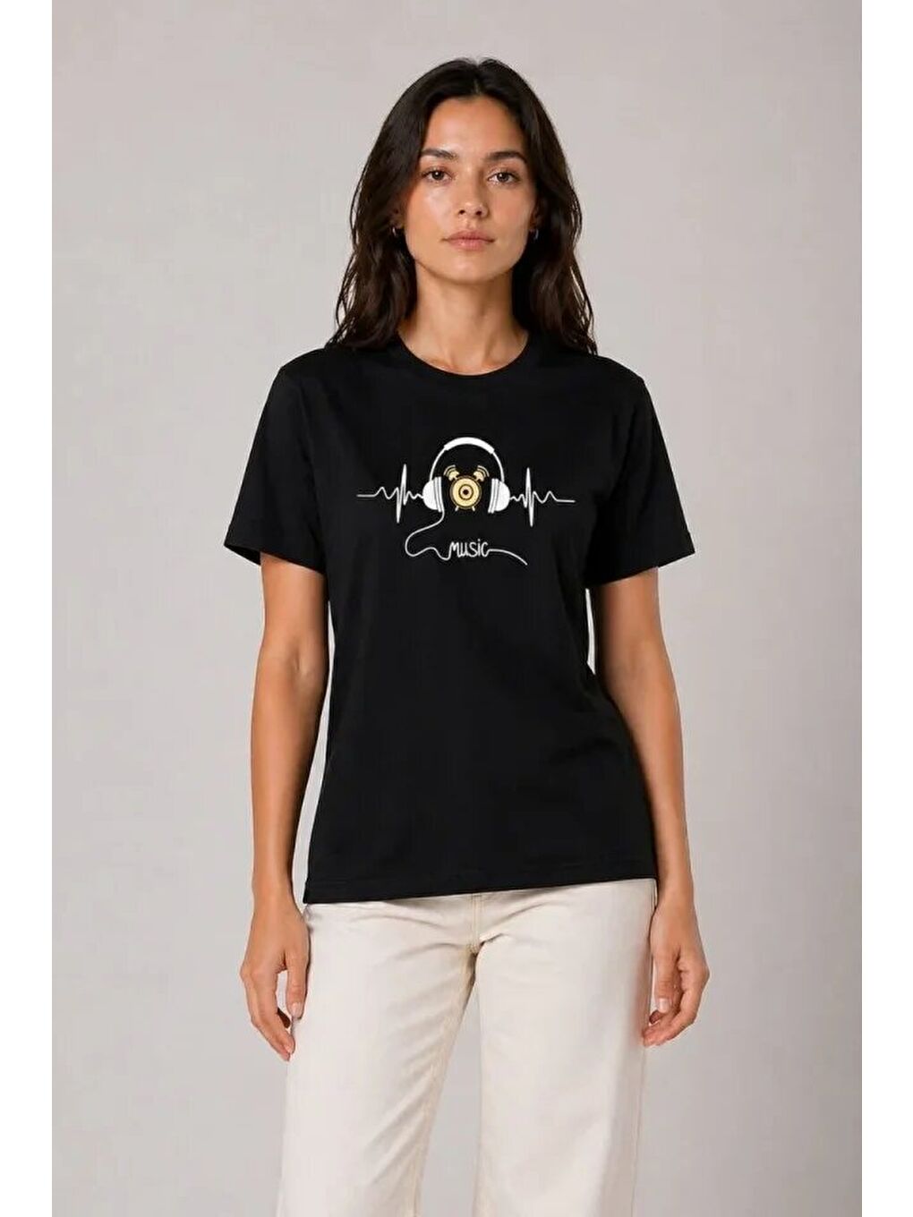 Müzik Temalı Baskılı Tişört Bisiklet Yaka Kısa Kol T-Shirt - Siyah-2
