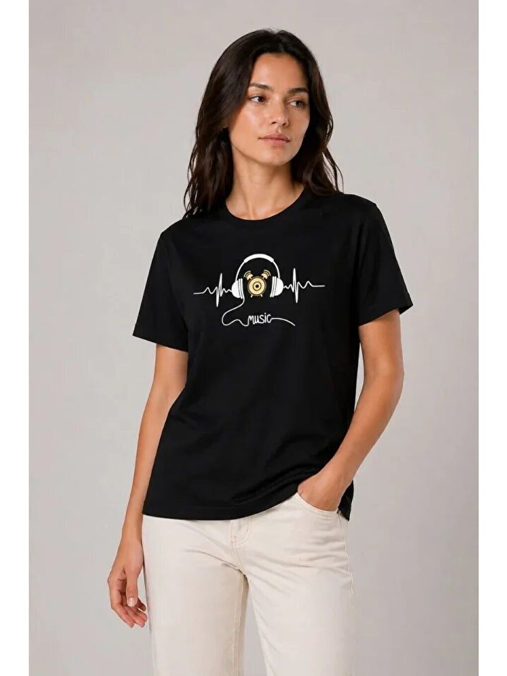 Müzik Temalı Baskılı Tişört Bisiklet Yaka Kısa Kol T-Shirt - Siyah-3