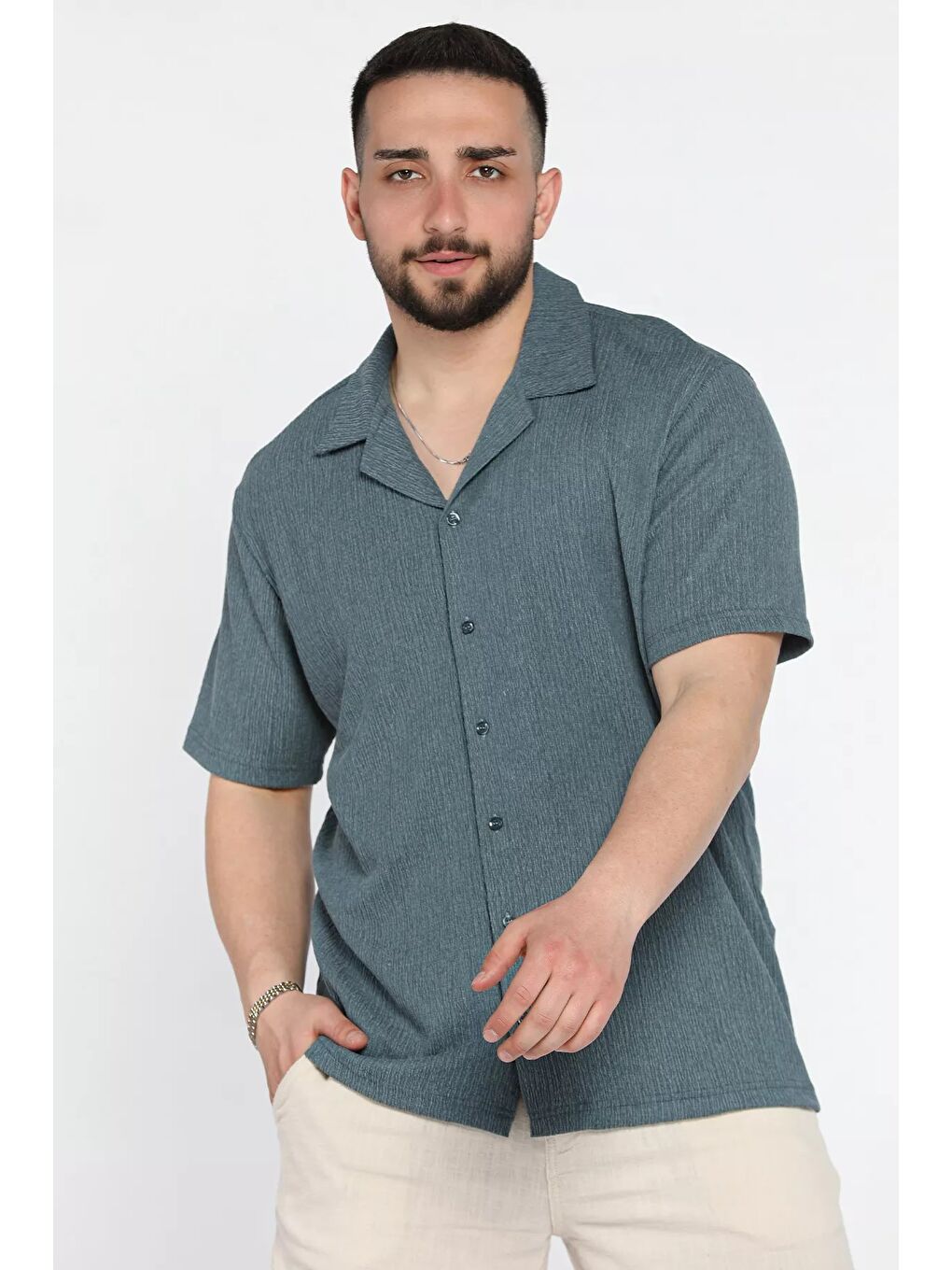 Petrol Apaş Yaka Kısa Kol Erkek Gömlek