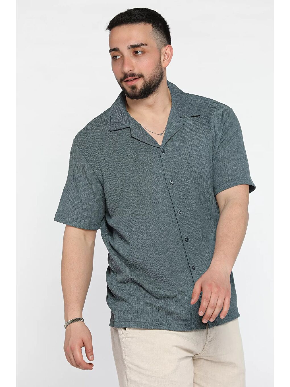 Petrol Apaş Yaka Kısa Kol Erkek Gömlek-1