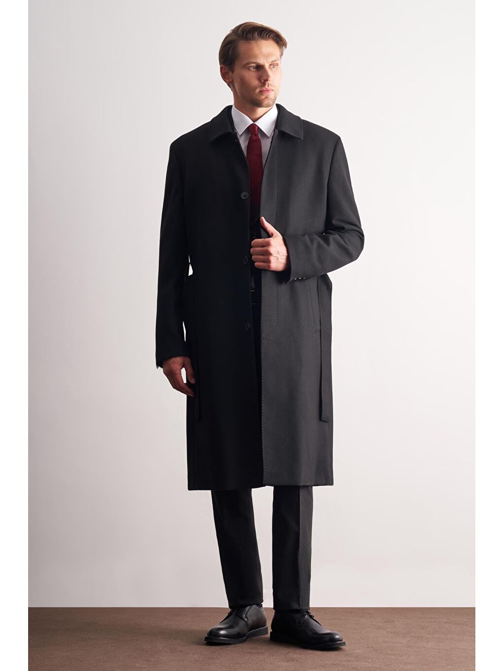 Siyah 115 Cm Kaşe Polo Yaka Düz Esnek Garnisiz-Biyesiz Comfort Fit Palto 1005255150
