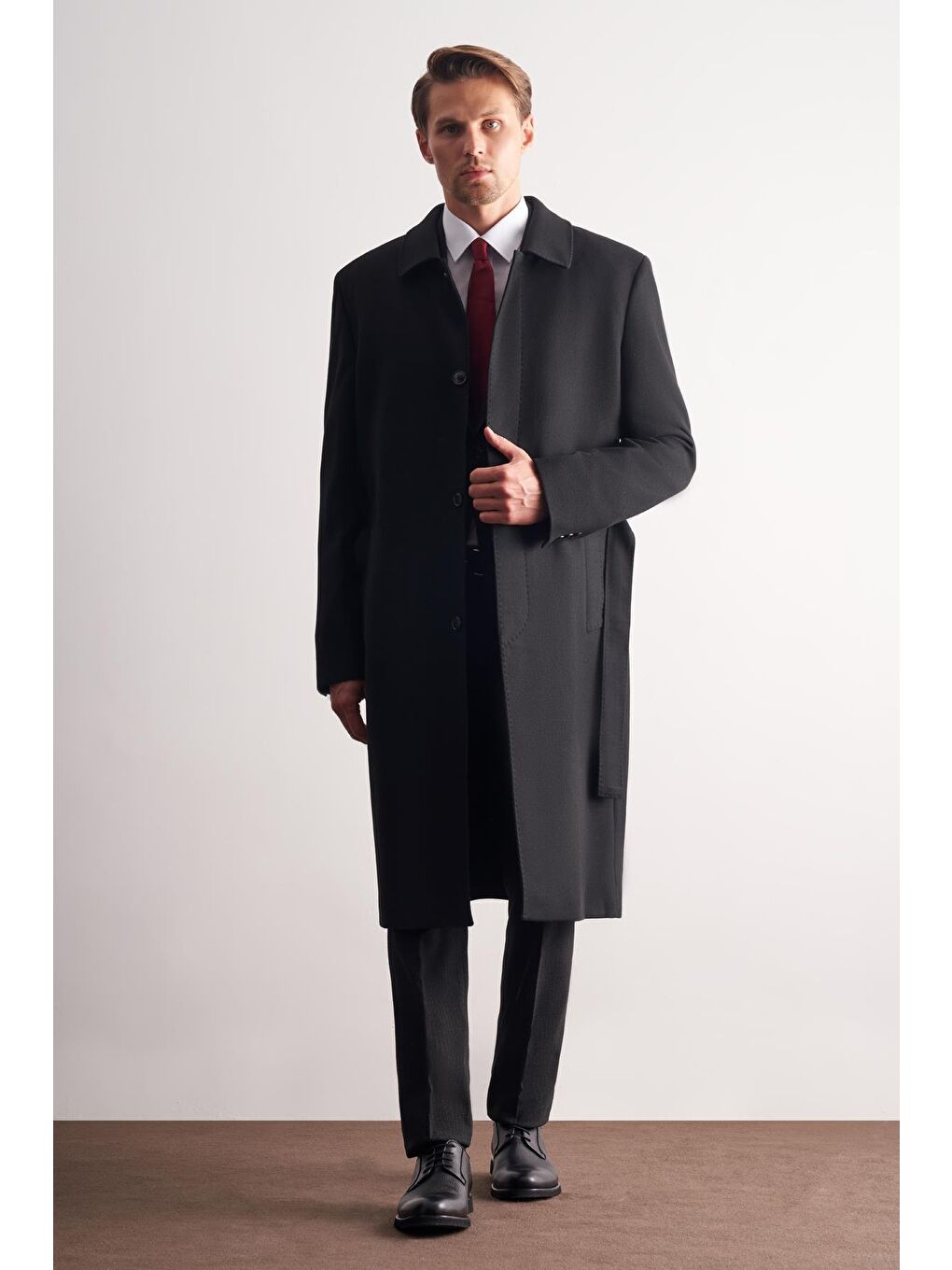 Siyah 115 Cm Kaşe Polo Yaka Düz Esnek Garnisiz-Biyesiz Comfort Fit Palto 1005255150-1