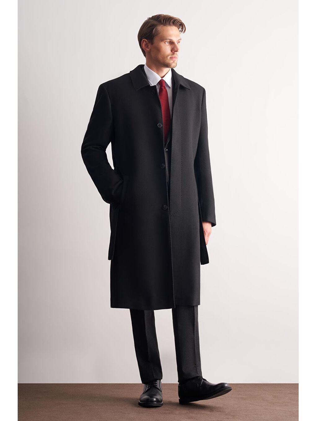 Siyah 115 Cm Kaşe Polo Yaka Düz Esnek Garnisiz-Biyesiz Comfort Fit Palto 1005255150-2