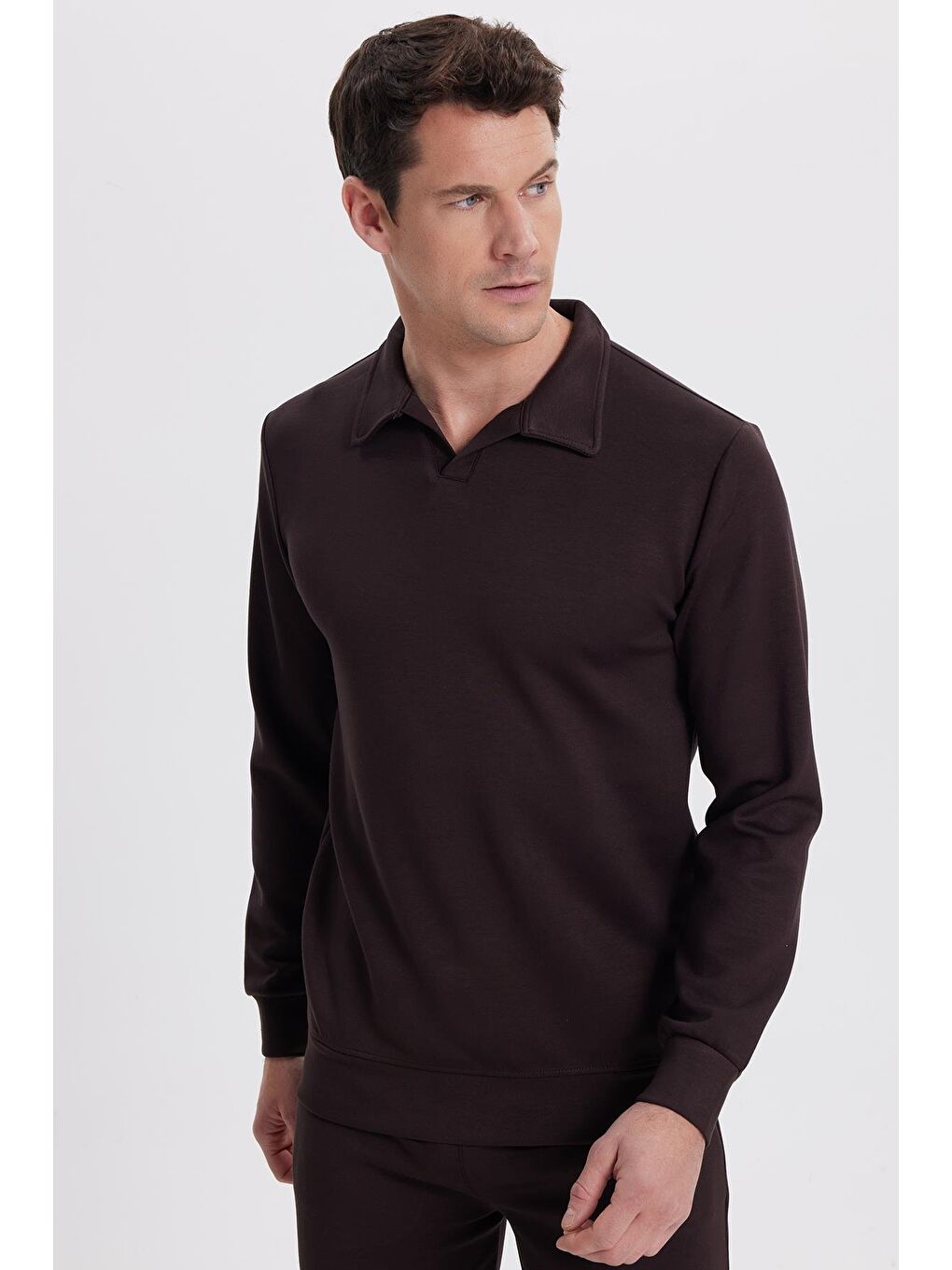 Erkek Relax Fit Rahat Kesim Polo V Yaka Kahverengi Sweatshirt-3