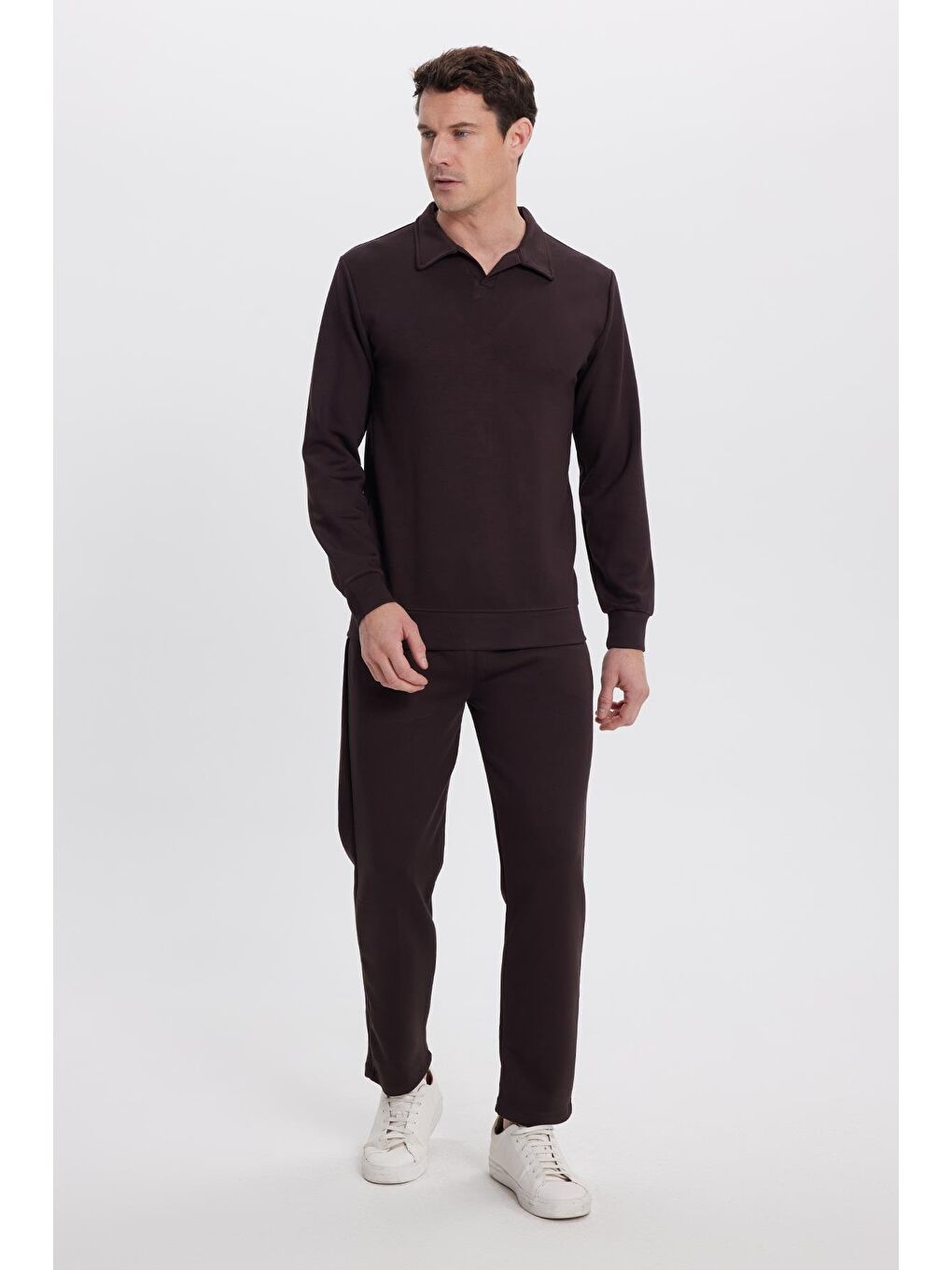 Erkek Relax Fit Rahat Kesim Polo V Yaka Kahverengi Sweatshirt-4