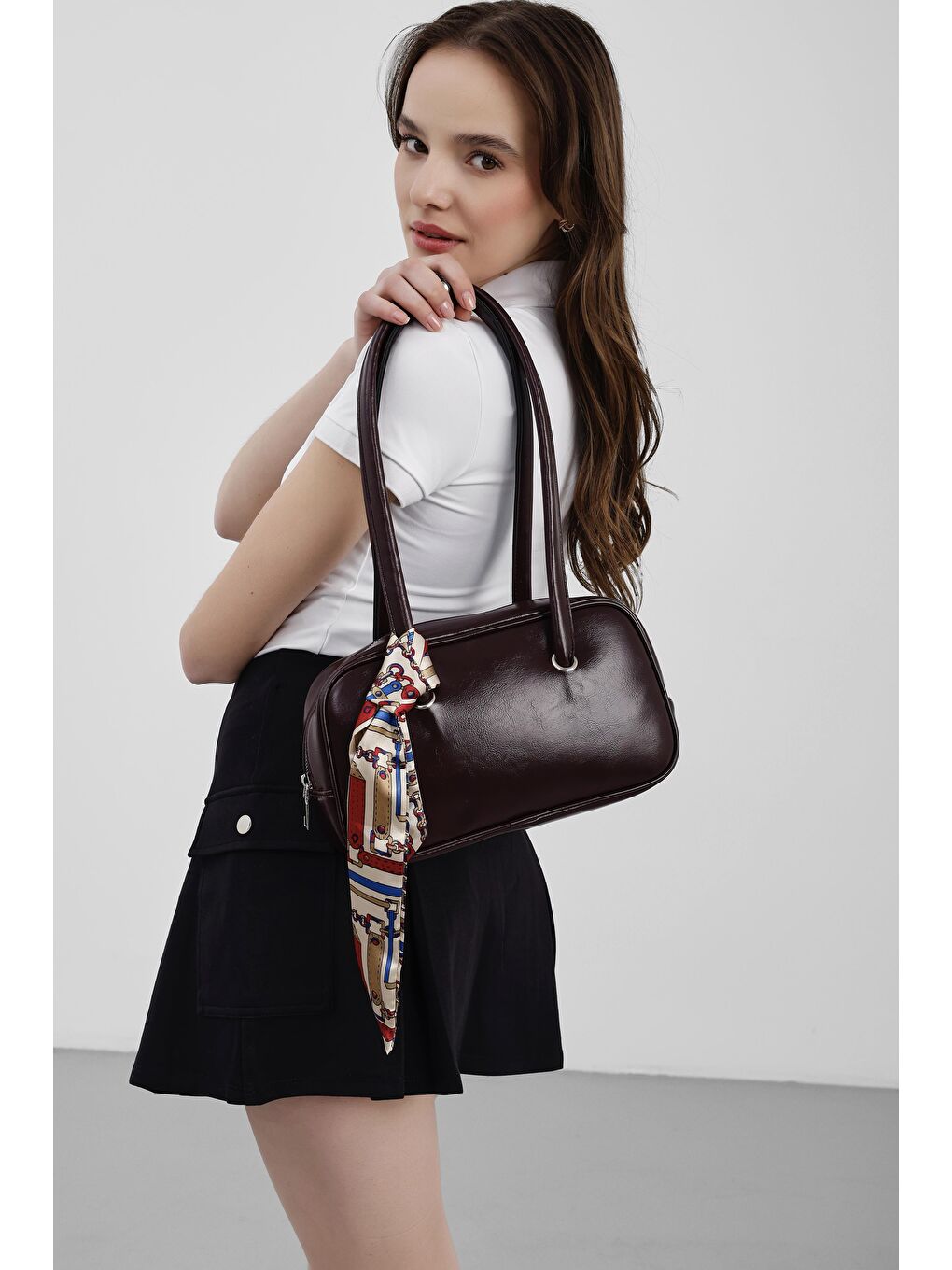 Beau Fular Detaylı Baget Çanta Mürdüm-1