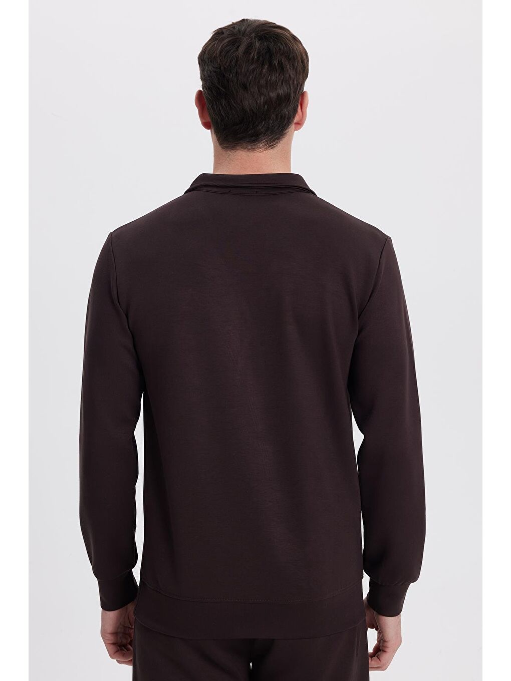 Erkek Relax Fit Rahat Kesim Polo V Yaka Kahverengi Sweatshirt-7