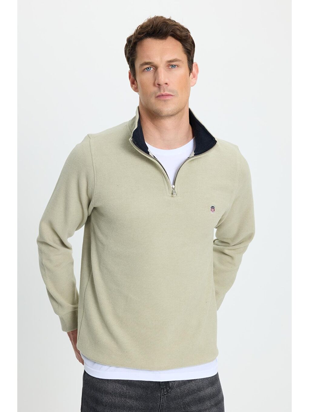 Yeşil Erkek Slim Fit Dar Kesim Pamuklu Selanik Kumaş Dik Yaka Mint Sweatshirt