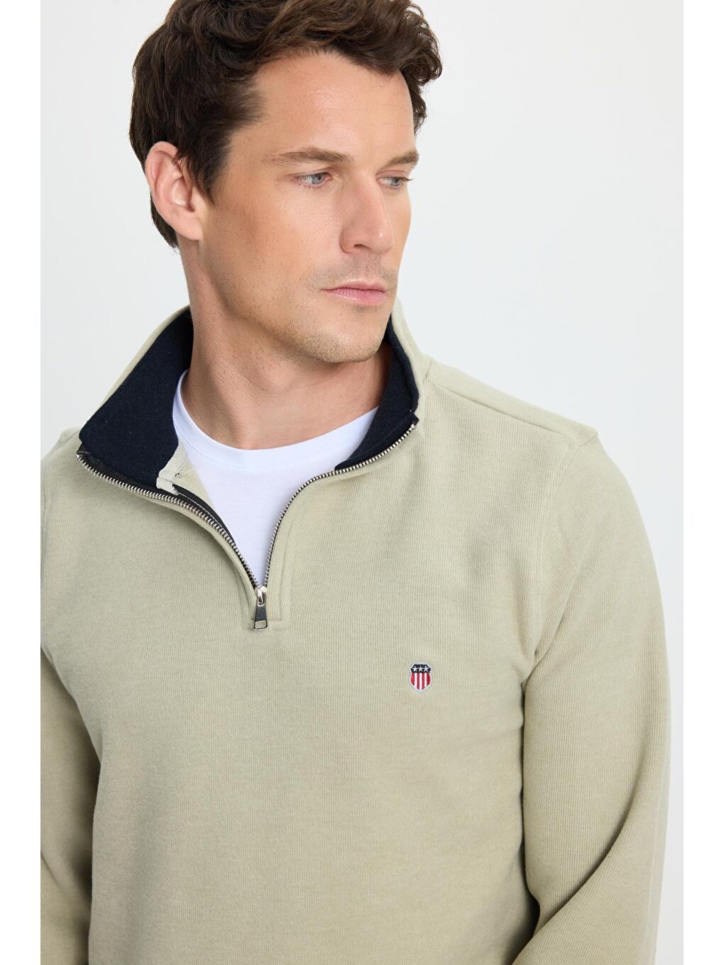 Yeşil Erkek Slim Fit Dar Kesim Pamuklu Selanik Kumaş Dik Yaka Mint Sweatshirt-1