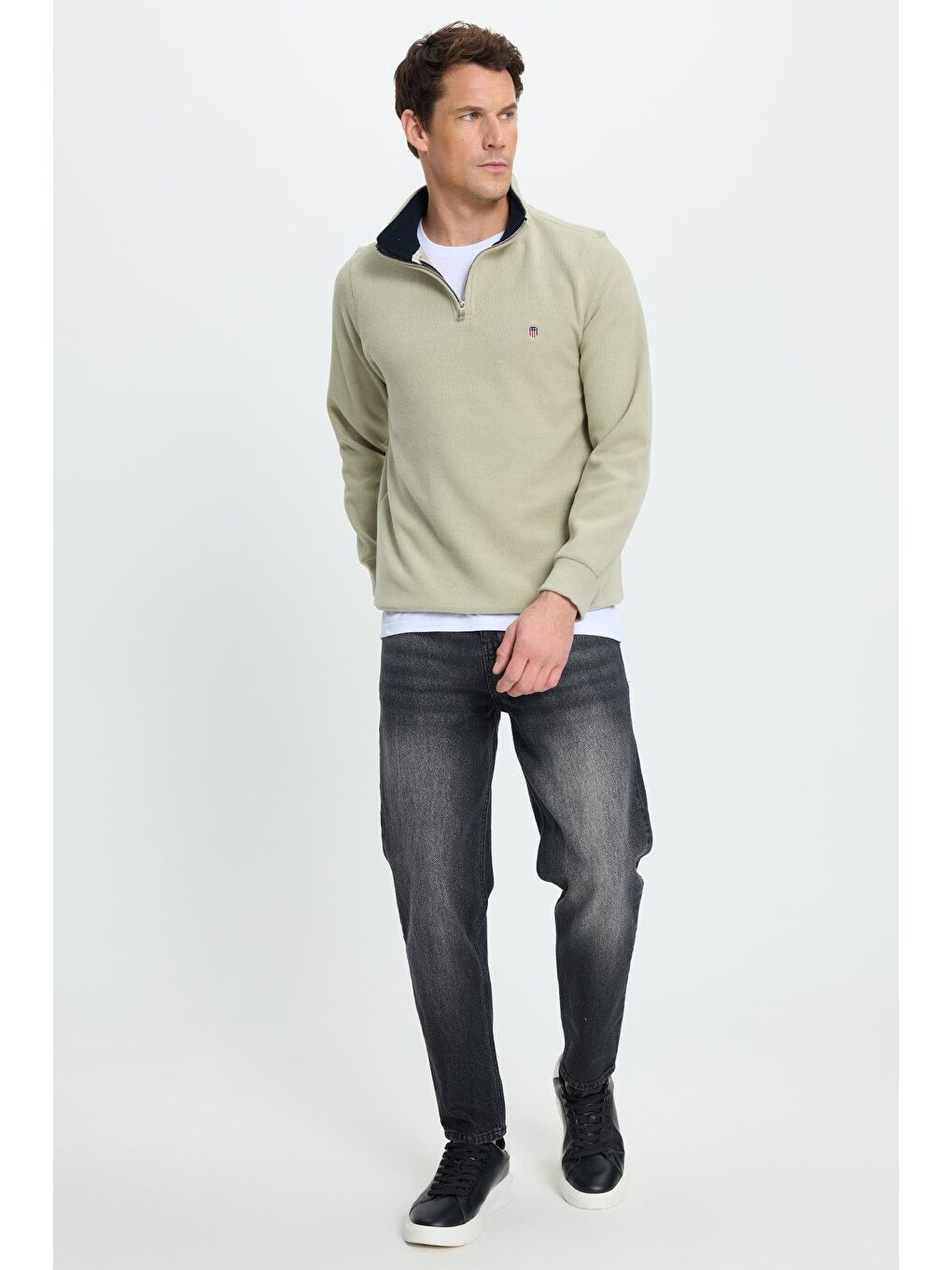 Yeşil Erkek Slim Fit Dar Kesim Pamuklu Selanik Kumaş Dik Yaka Mint Sweatshirt-4