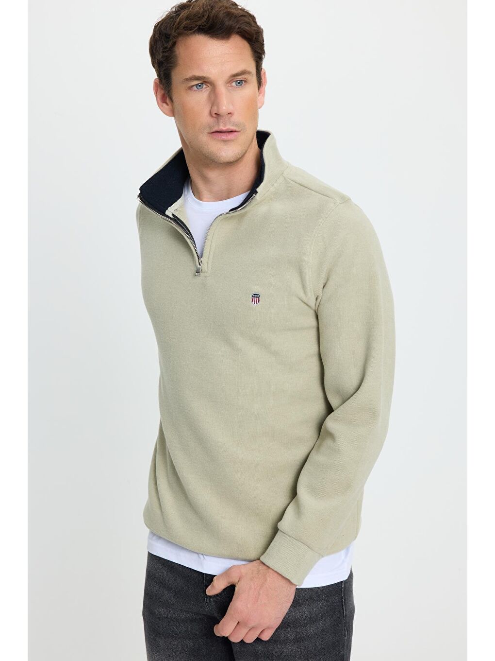 Yeşil Erkek Slim Fit Dar Kesim Pamuklu Selanik Kumaş Dik Yaka Mint Sweatshirt-5