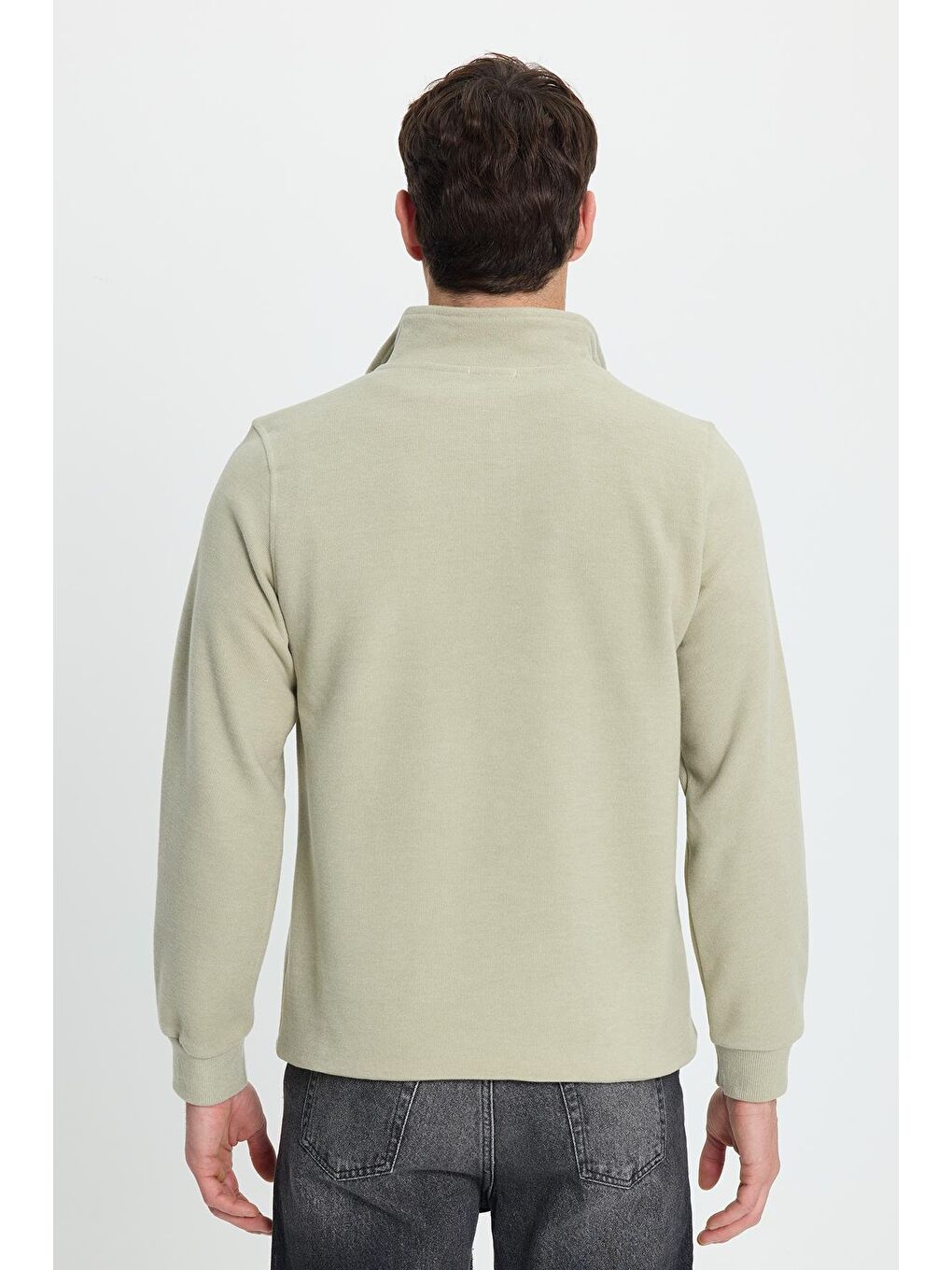 Yeşil Erkek Slim Fit Dar Kesim Pamuklu Selanik Kumaş Dik Yaka Mint Sweatshirt-7