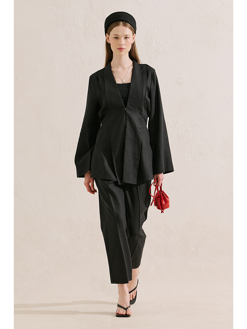 Keten Pileli Kimono Ceket Siyah
