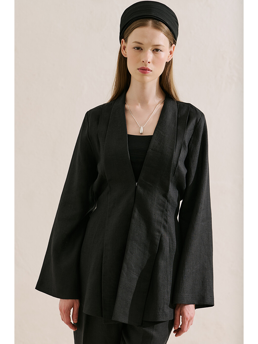 Keten Pileli Kimono Ceket Siyah-6