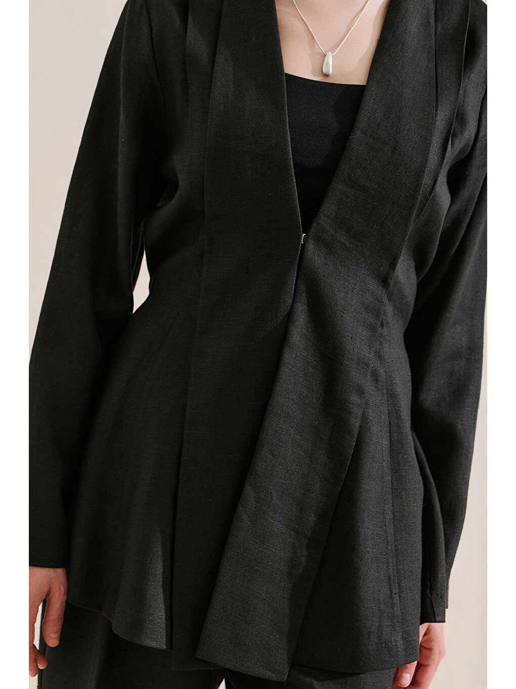 Keten Pileli Kimono Ceket Siyah-8