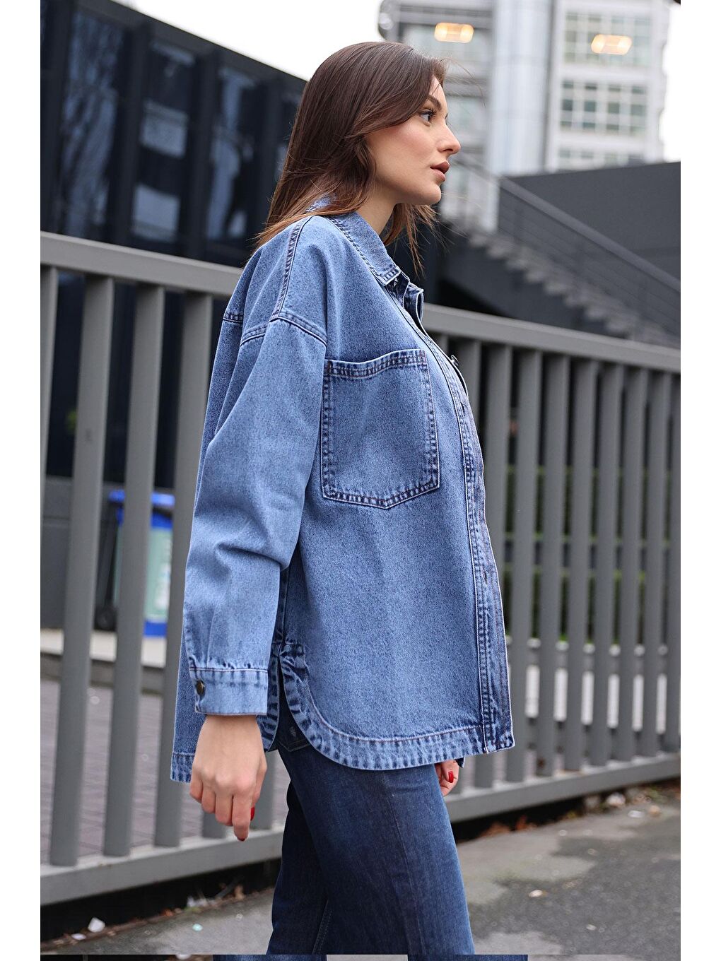 Bigdart Lacivert 0694 Çift Cepli Oversize Denim Ceket - Lacivert - 3