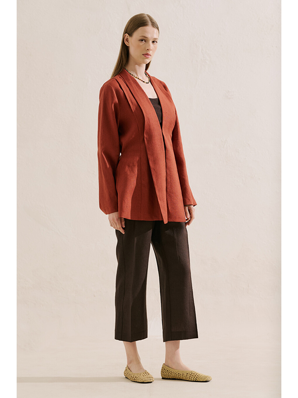 Kahverengi Keten Pileli Kimono Ceket Kiremit-1