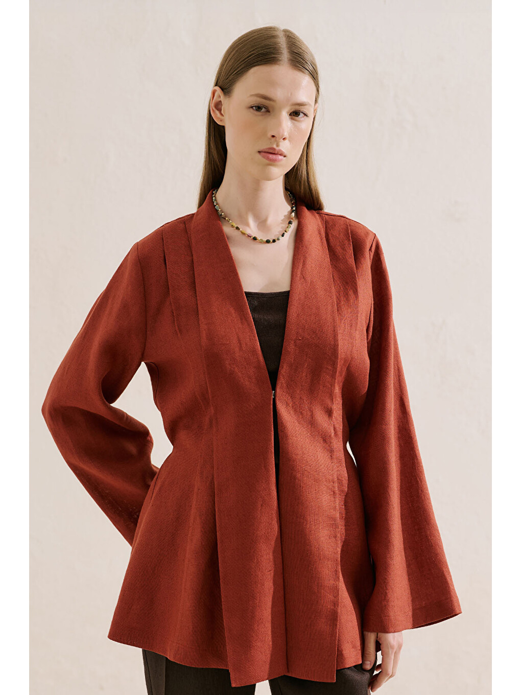Kahverengi Keten Pileli Kimono Ceket Kiremit-3