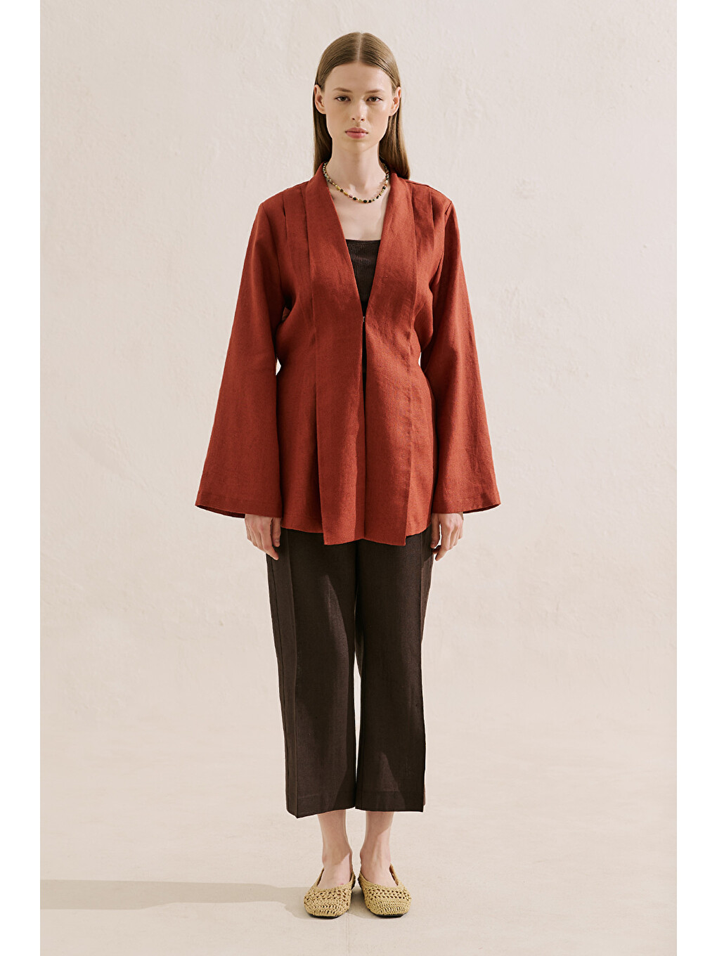 Kahverengi Keten Pileli Kimono Ceket Kiremit-4