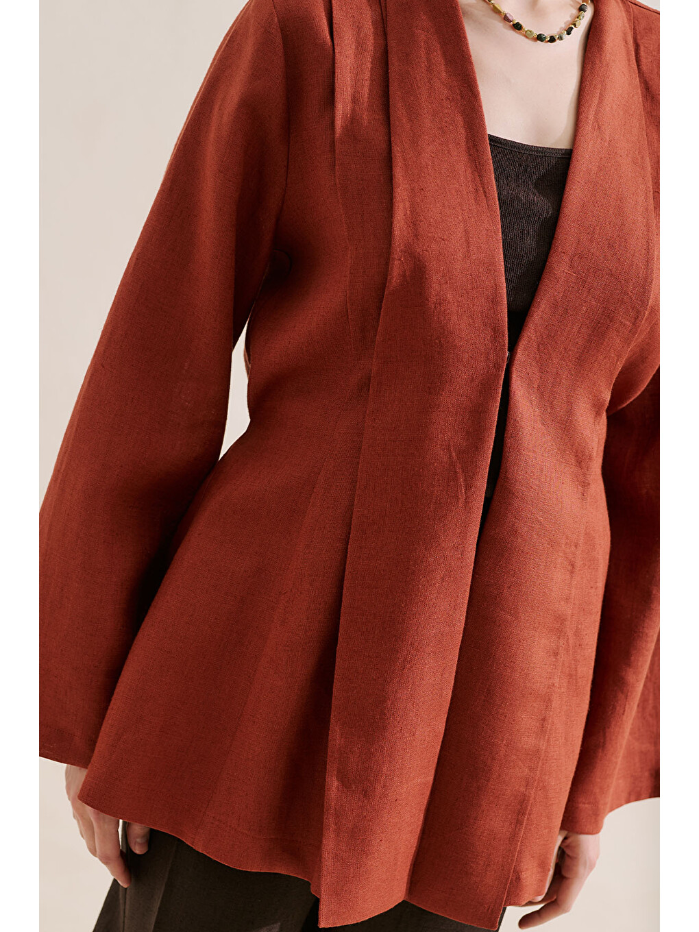 Kahverengi Keten Pileli Kimono Ceket Kiremit-5